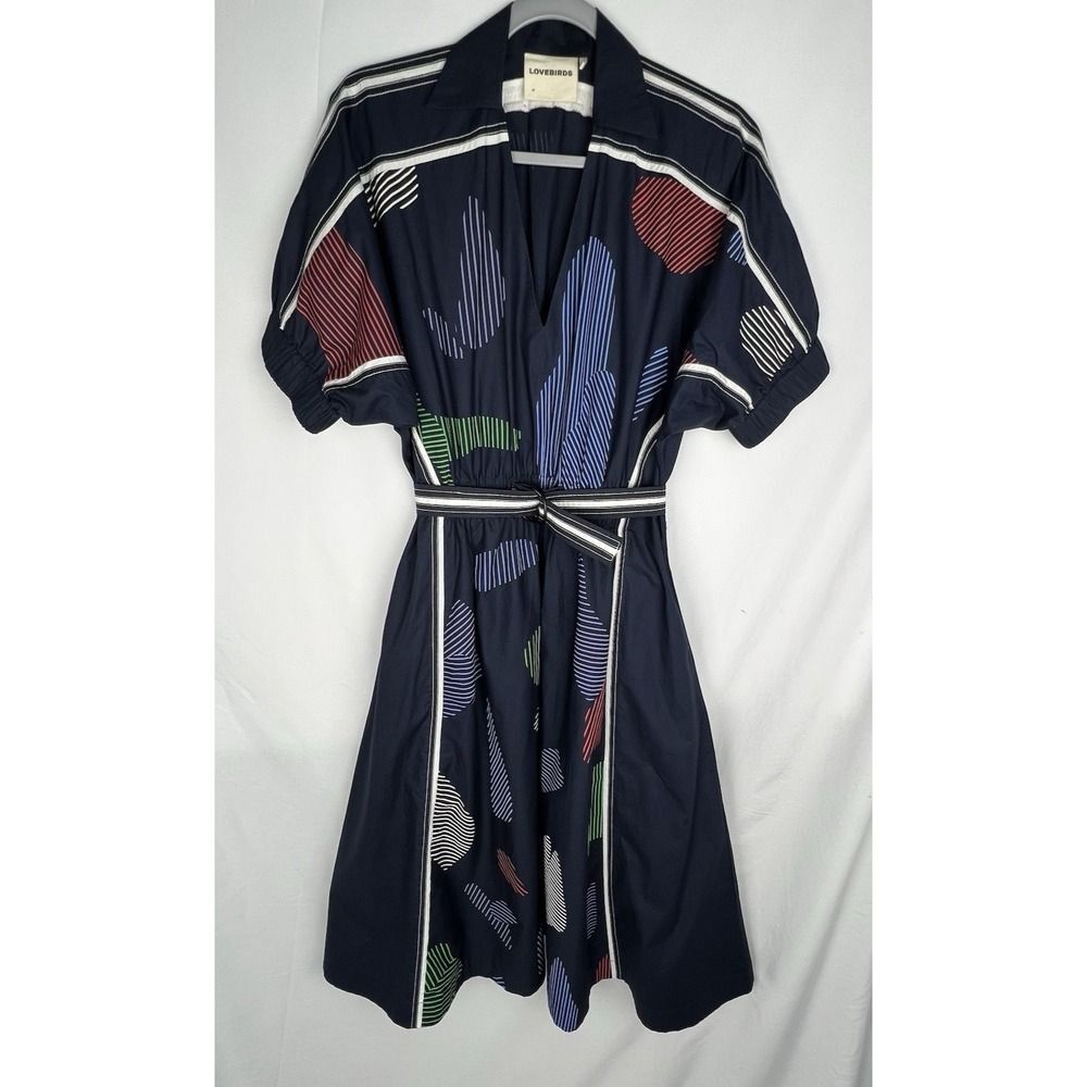 LOVEBIRDS Abstract Print Belted Midi Dress Navy Geometric Puff Sleeve Medium